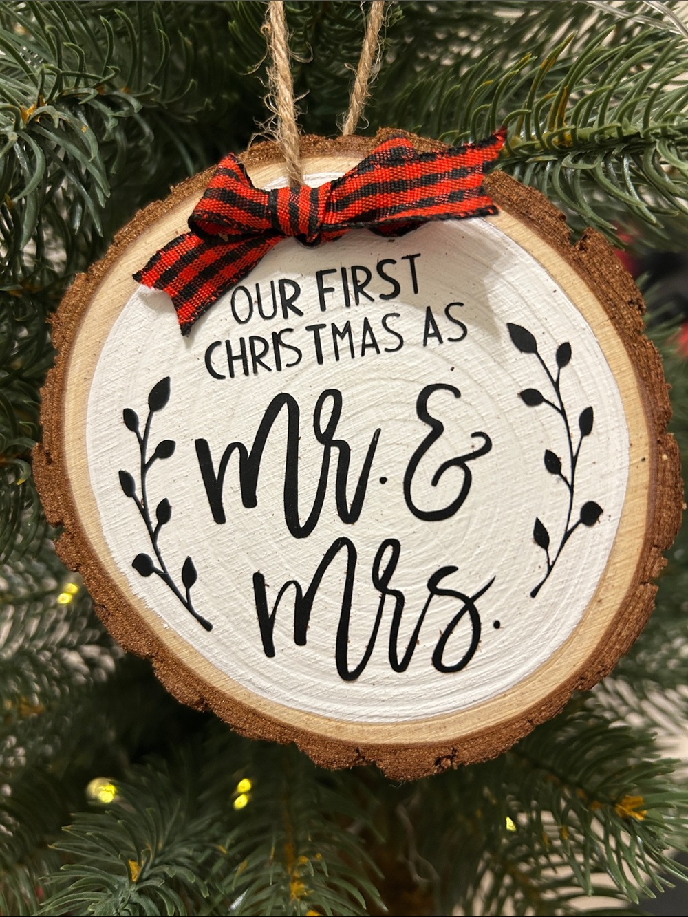 First Christmas as Mr. & Mrs. Wood Slice Ornament - Red Bow